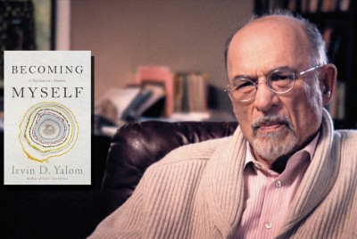 εικόνα του Irvin Yalom και δίπλα του βιβλίου του Becoming Myself