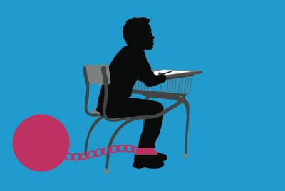 σκίτσο με παιδί που κάθεται σε σχολικό θρανίο με μπάλα φυλακισμένου στο πόδι